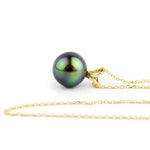 Deep Indigo-Green 9mm Tahitian Pearl I'a Necklace on 14K Yellow Gold