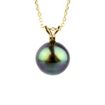 Deep Indigo-Green 9mm Tahitian Pearl I'a Necklace on 14K Yellow Gold