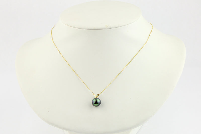 Deep Indigo-Green 9mm Tahitian Pearl I'a Necklace on 14K Yellow Gold