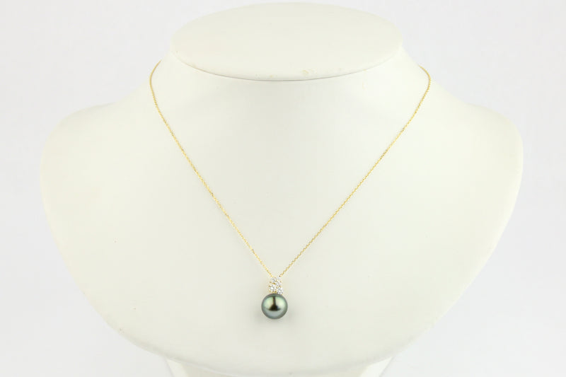 Bright Peacock Green Pearl & Diamond Asteria Pendant or Necklace on 14K Yellow Gold