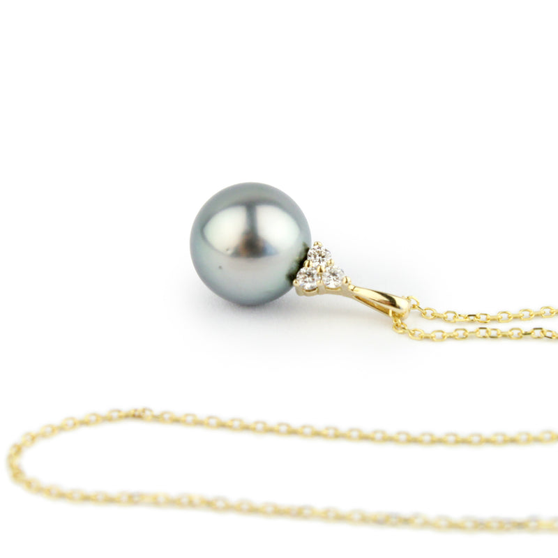 Light Silvery Blue Tahitian Pearl & Diamond Toru Necklace on 14K Yellow Gold