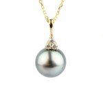 Light Silvery Blue Tahitian Pearl & Diamond Toru Necklace on 14K Yellow Gold