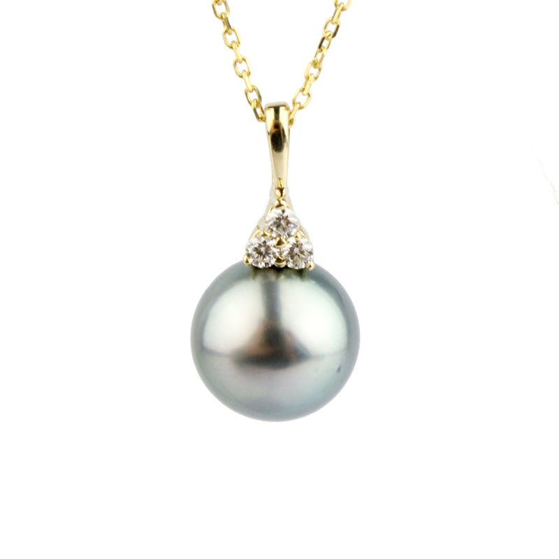 Light Silvery Blue Tahitian Pearl & Diamond Toru Necklace on 14K Yellow Gold