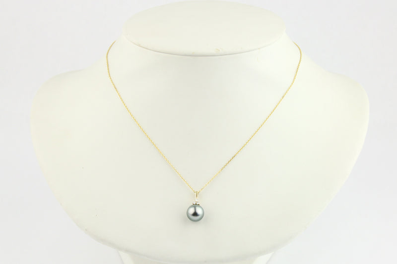 Light Silvery Blue Tahitian Pearl & Diamond Toru Necklace on 14K Yellow Gold