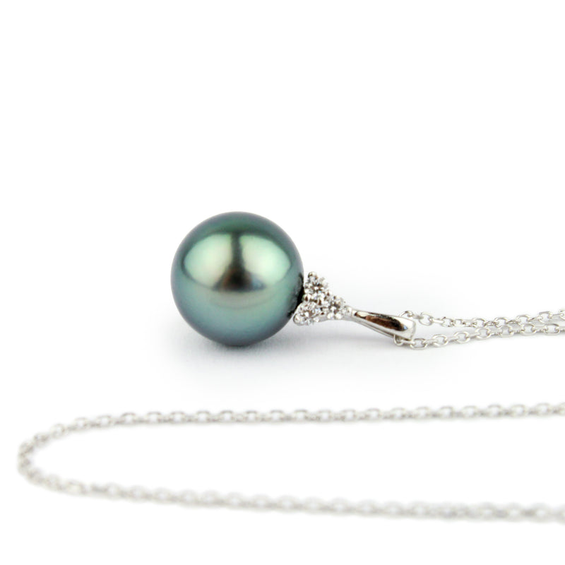 Flashy Aqua Tahitian Pearl & Diamond Toru Necklace on 14K White Gold