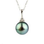 Flashy Aqua Tahitian Pearl & Diamond Toru Necklace on 14K White Gold