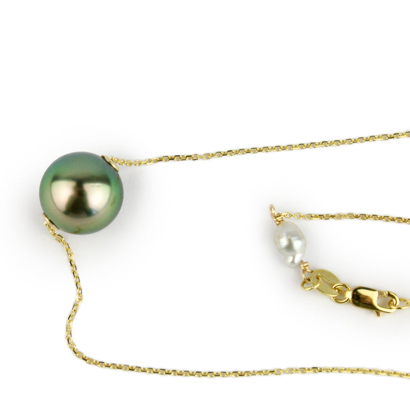 Vibrant Golden Green 10.5mm Tahitian Pearl Solitaire Necklace on 14K Yellow Gold