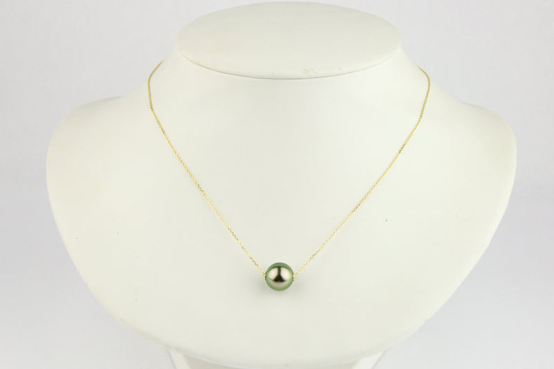 Vibrant Golden Green 10.5mm Tahitian Pearl Solitaire Necklace on 14K Yellow Gold