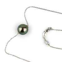 Dark Peacock Green 10mm Tahitian Pearl Solitaire Necklace on 14K White Gold