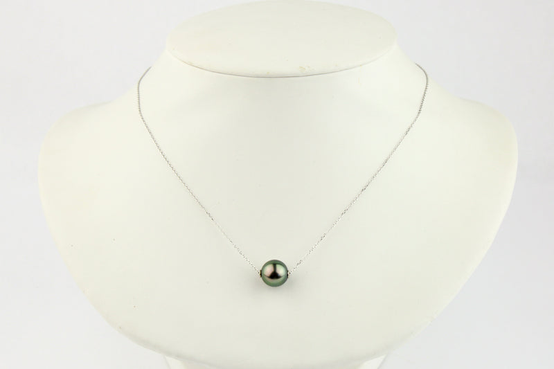 Dark Peacock Green 10mm Tahitian Pearl Solitaire Necklace on 14K White Gold