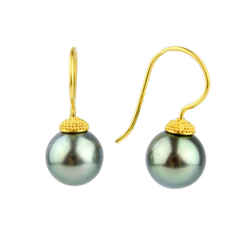 18K Bali Aqua Sea Tahitian Pearl Hook Earrings