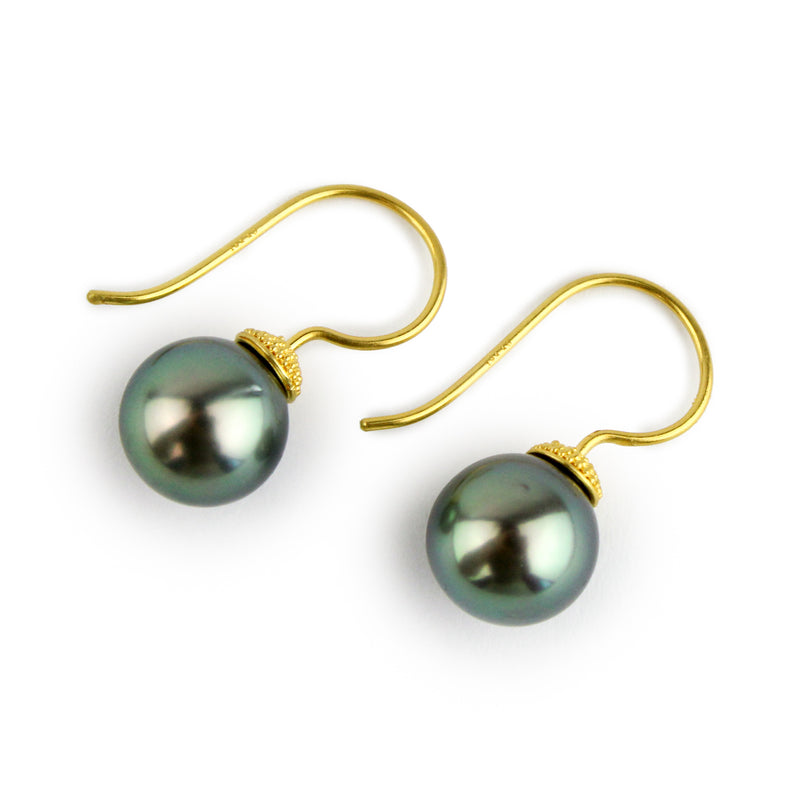 18K Bali Aqua Sea Tahitian Pearl Hook Earrings