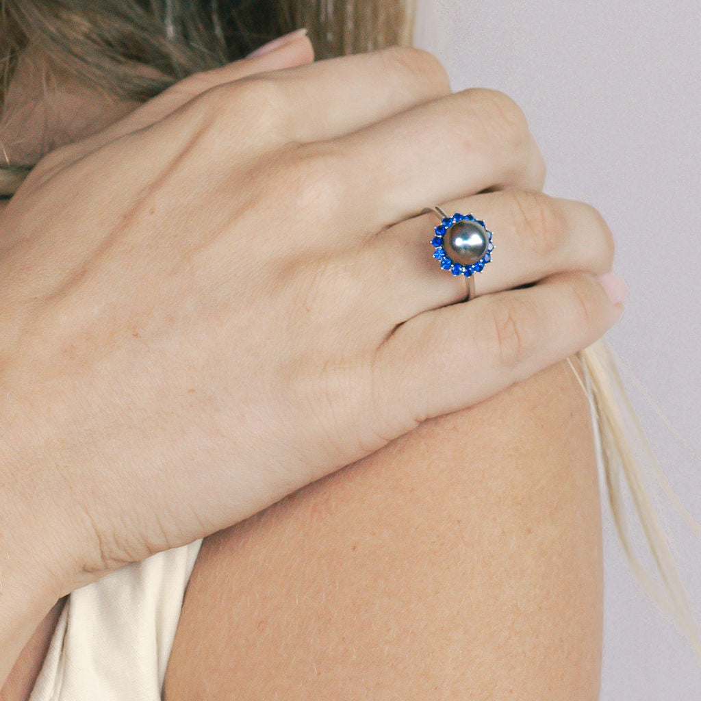 Tahitian Pearl & Sapphire Soleil Ring on 14K White Gold