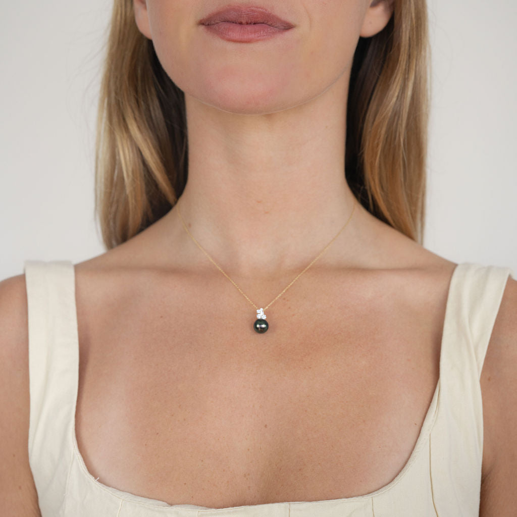 Light Pink Green Tahitian Pearl & Diamond Asteria Necklace on 14K Rose Gold