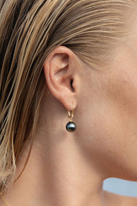 Deep Plum 9.7mm Tahitian Pearl Lever Back Earrings on 14K Yellow Gold