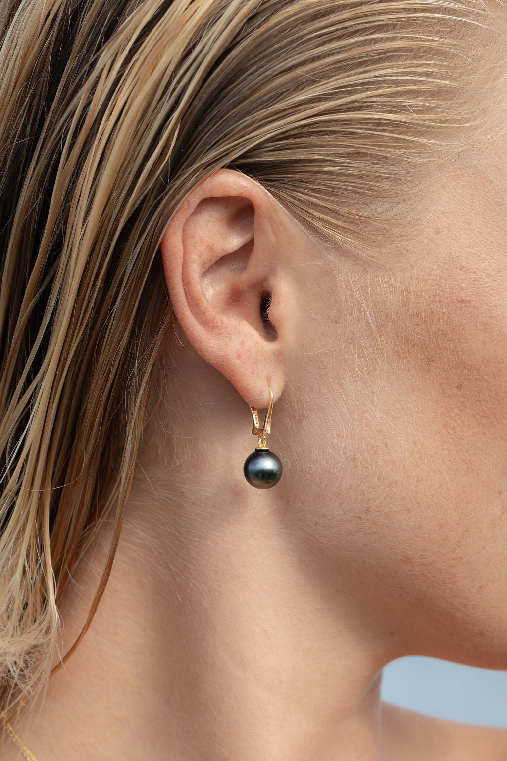 Deep Plum 9.7mm Tahitian Pearl Lever Back Earrings on 14K Yellow Gold