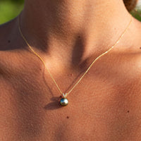 Shimmery Blue Tahitian Pearl & Diamond Hoa Necklace on 14K Yellow Gold
