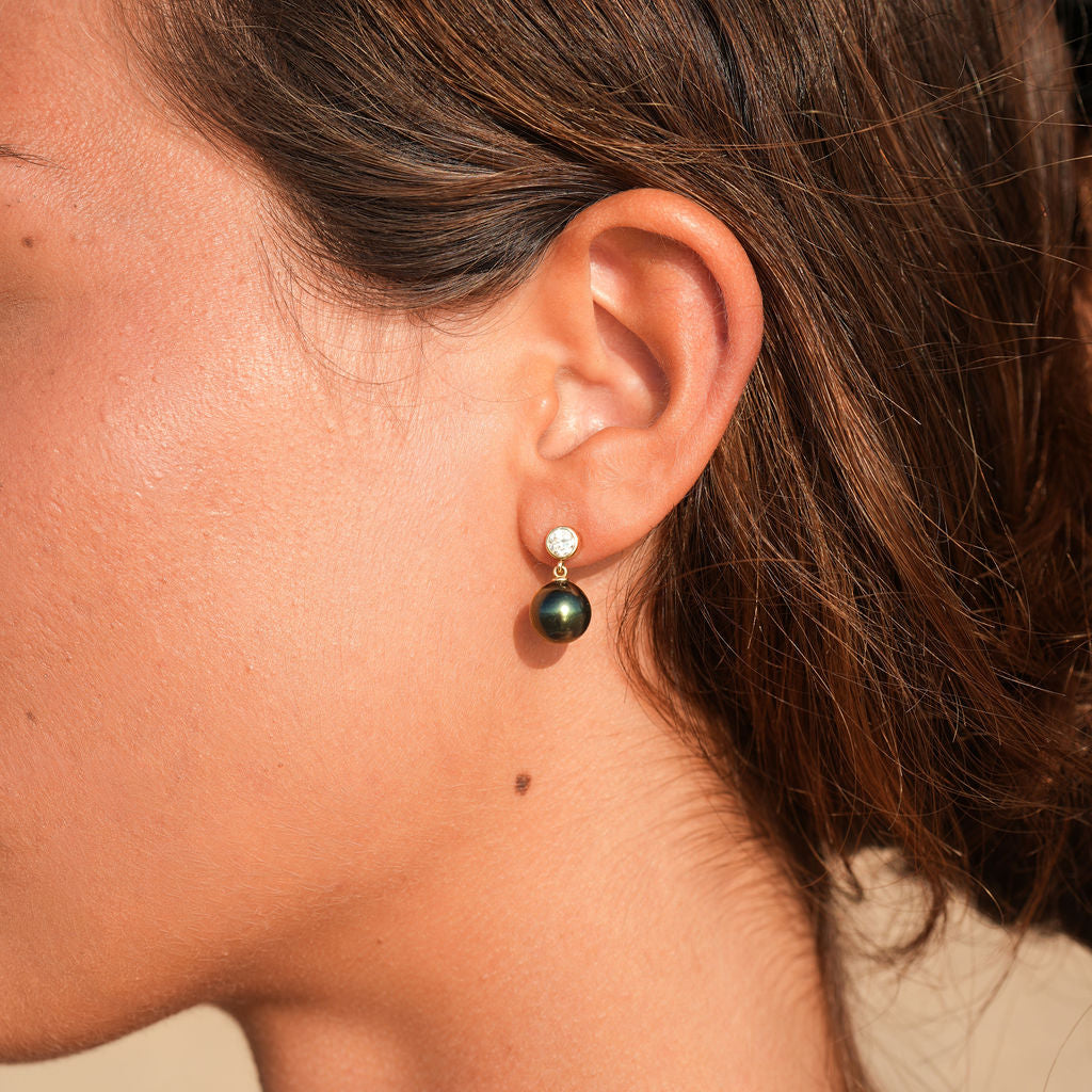 Tahitian Pearl & Diamond Nova Earrings on 14K Yellow Gold