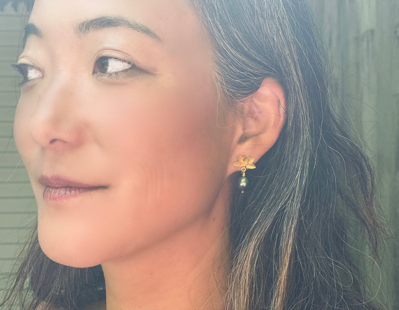 Cascadia Lotus Tahitian Pearl Dangle Earrings (18KP)