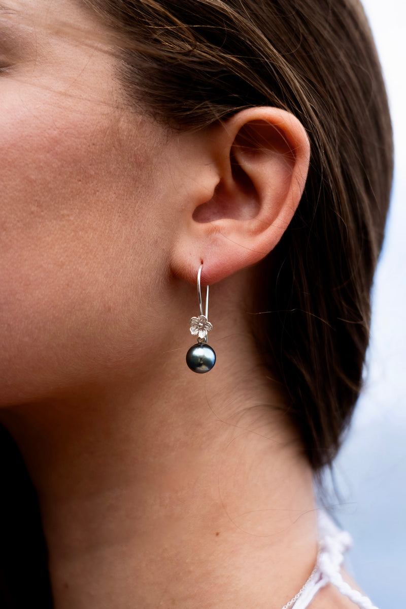 Midnight Tahitian Pearl Hibiscus Hook Earrings