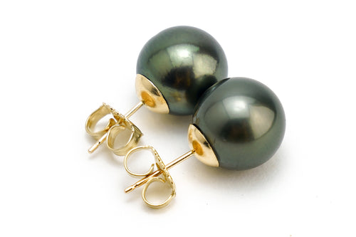 Dark Black Tahitian pearl earrings 11mm