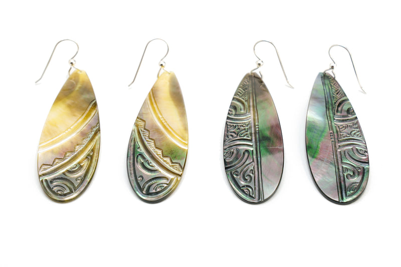 Kialoa Carved Mother of Pearl Earrings (Gold or Silver)