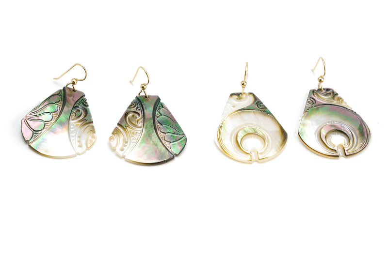 Hand carved sustainable harvested Tahitian mother of pearl earrings