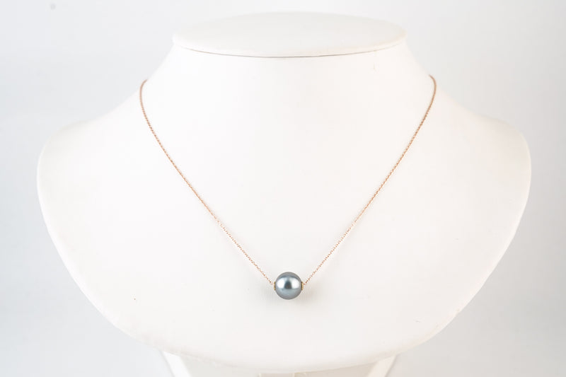 Light Silvery Blue 9.3mm Tahitian Pearl Solitaire Necklace on 14K Rose Gold