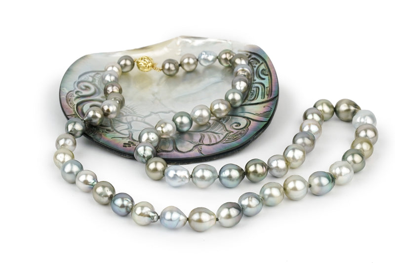 Light silvery baroque Tahitian pearl necklace 8 to 11mm 24 inch matinee length